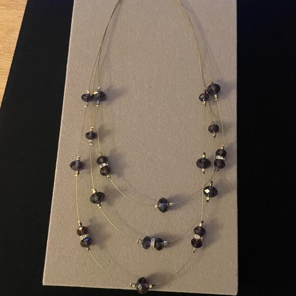 Floating Purple Beads and Rhinestone Layered Wire Necklace - Picture 1 of 2